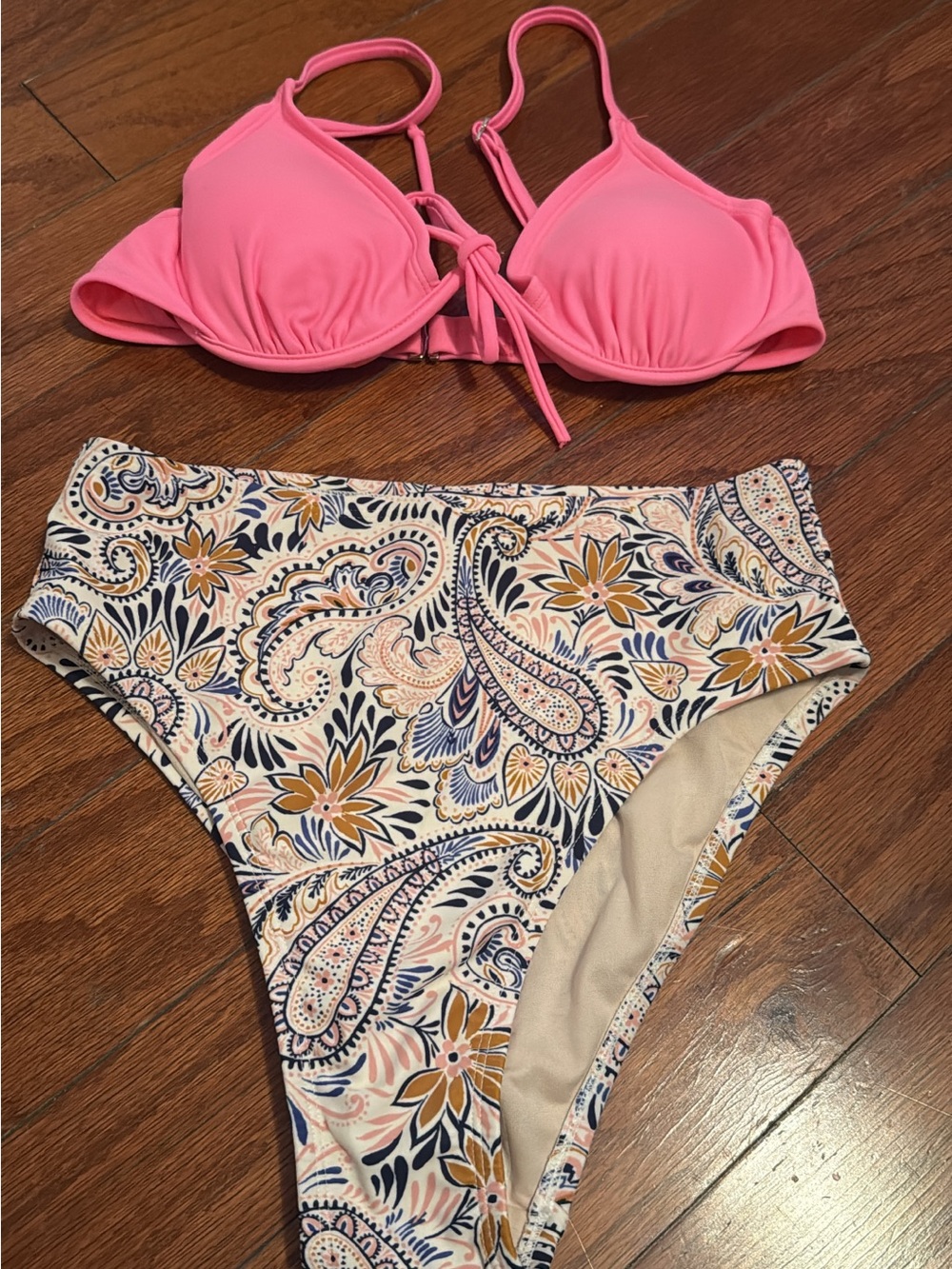 Pink Bikini Top with Paisley High-Waist Bottoms - Women Swim